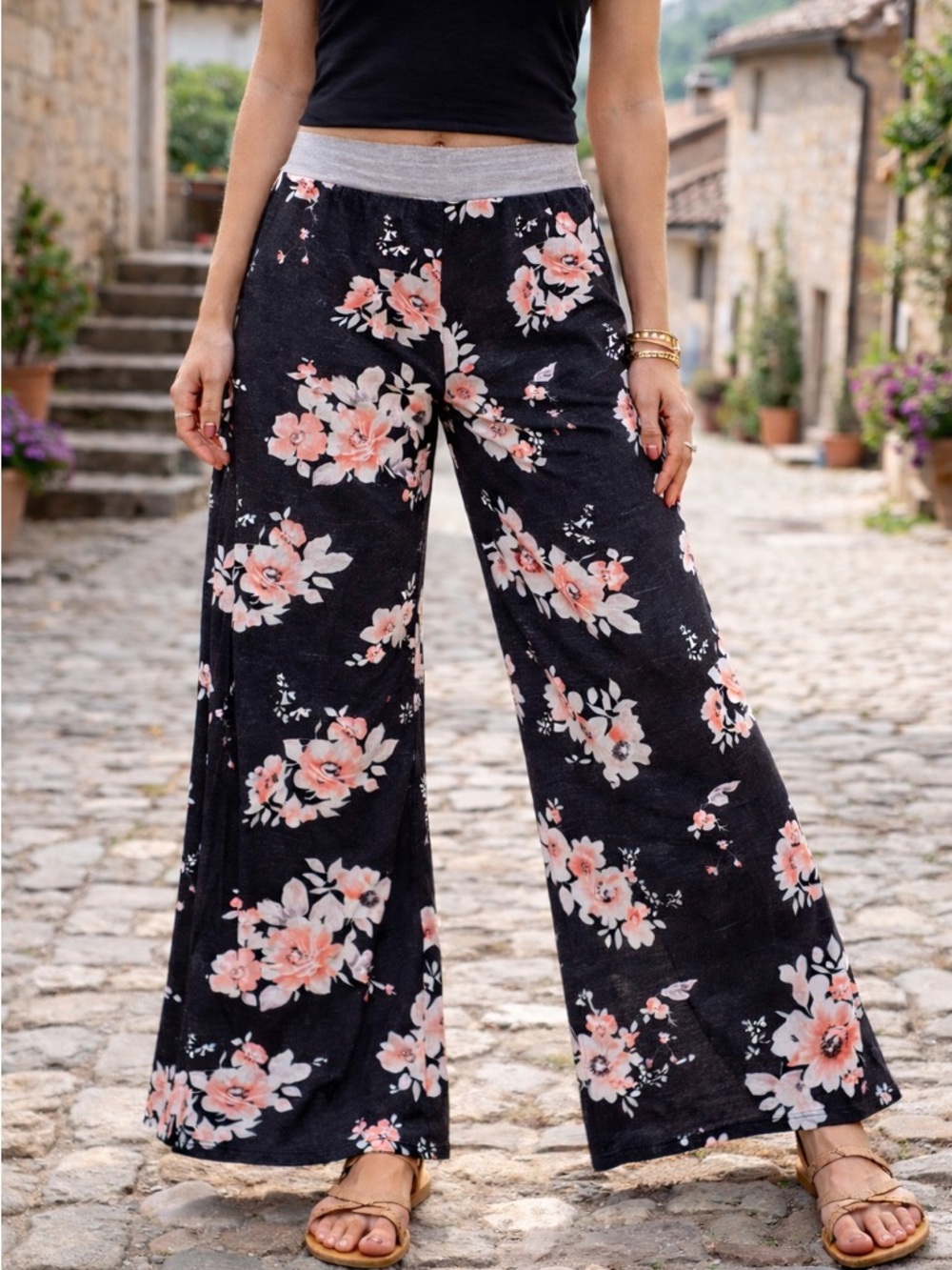 Women's Black Floral Wide-Leg Lounge Pants with Pink Blooms